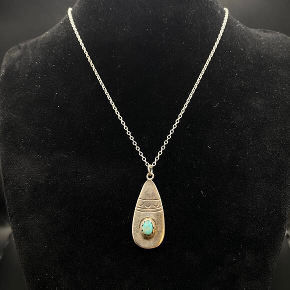 Vintage NAVAJO Sterling Silver Turquoise Native American Pendant Necklace 14.5" - Picture 3 of 7